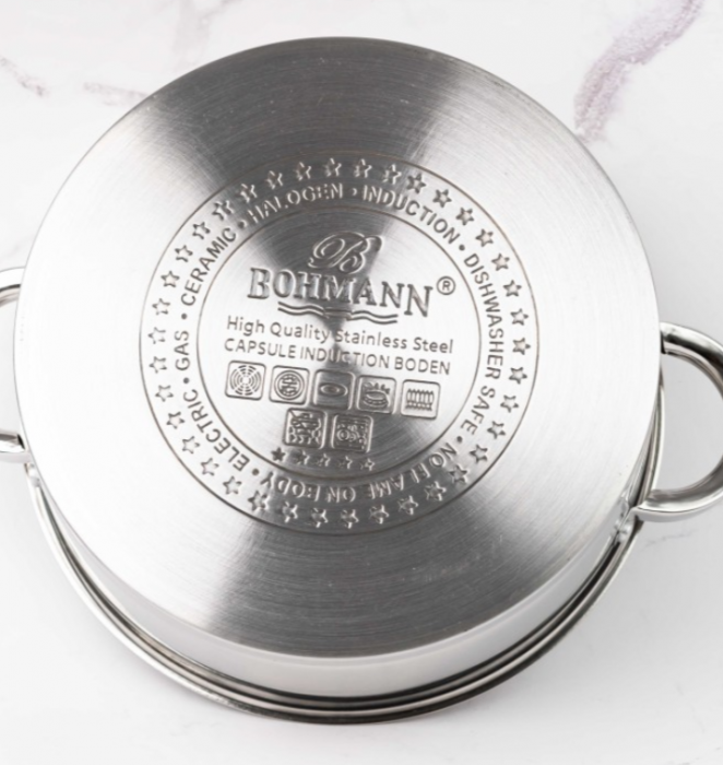 Cratita joasa din inox, 26 x 10cm, 5 litri, compatibila cu plita cu inductie, cu capac din sticla, Bohmann [4]