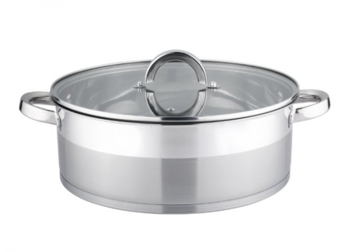 Cratita joasa din inox, 28 x 10cm, 6 litri, compatibila cu plita cu inductie, cu capac din sticla, Bohmann, BH 1028