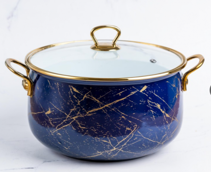 Cratita emailata, 24x15cm, 6.2 litri, manere titan aurii, capac sticla, inclusiv inductie, Goldmann, albastra [12]