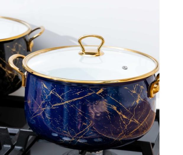 Cratita emailata, 24x15cm, 6.2 litri, manere titan aurii, capac sticla, inclusiv inductie, Goldmann, albastra [2]