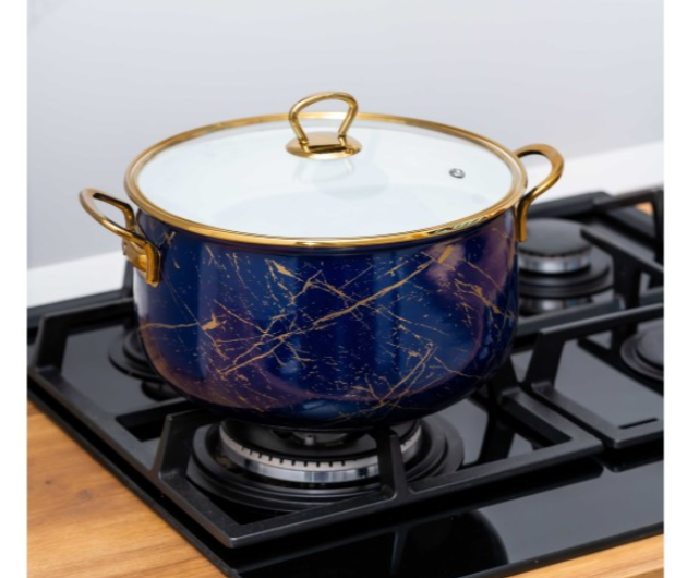 Cratita emailata, 24x15cm, 6.2 litri, manere titan aurii, capac sticla, inclusiv inductie, Goldmann, albastra [8]