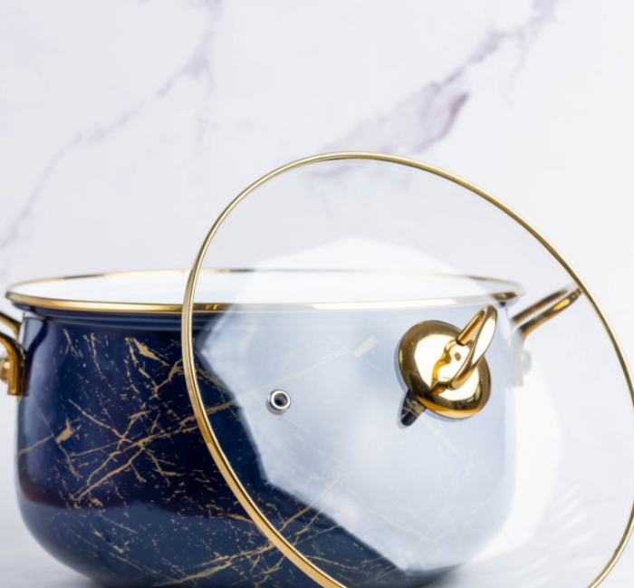 Cratita emailata, 24x15cm, 6.2 litri, manere titan aurii, capac sticla, inclusiv inductie, Goldmann, albastra [7]