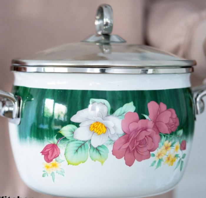 Cratita emailata 3.4l, 20cm, capac din sticla yena Bohmann, model trandafiri [3]