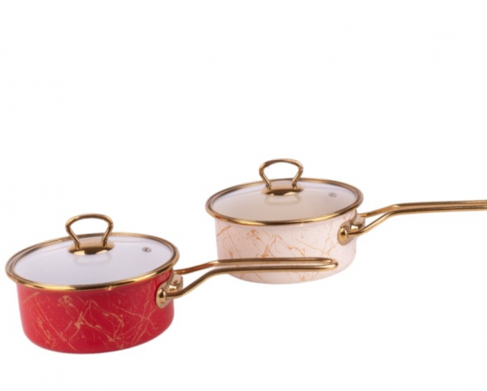 Cratita emailata cu maner, 16x8cm, 1.5 litri, manere titan aurii, capac sticla, inclusiv inductie, Goldmann, bej [2]