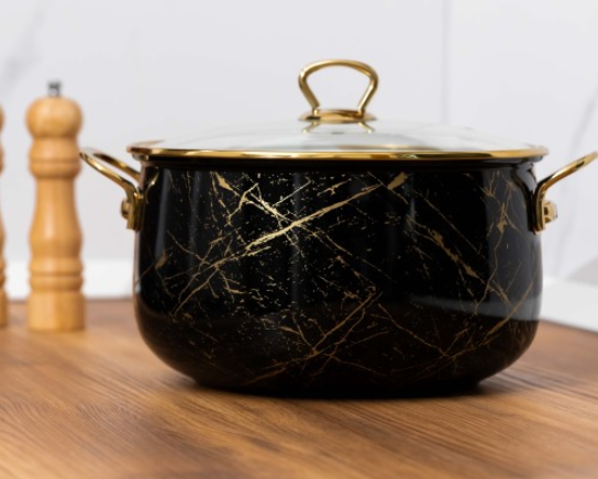 Cratita emailata, 24x15cm, 6.2 litri, manere titan aurii, capac sticla, inclusiv inductie, Goldmann, neagra [4]