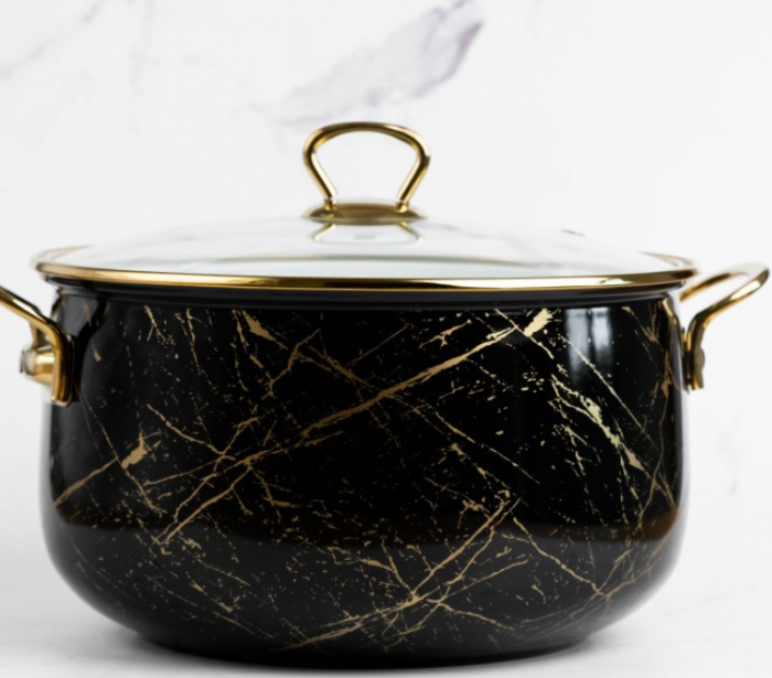 Cratita emailata, 22x14cm, 5 litri, manere titan aurii, capac sticla, inclusiv inductie, Goldmann, neagra [6]