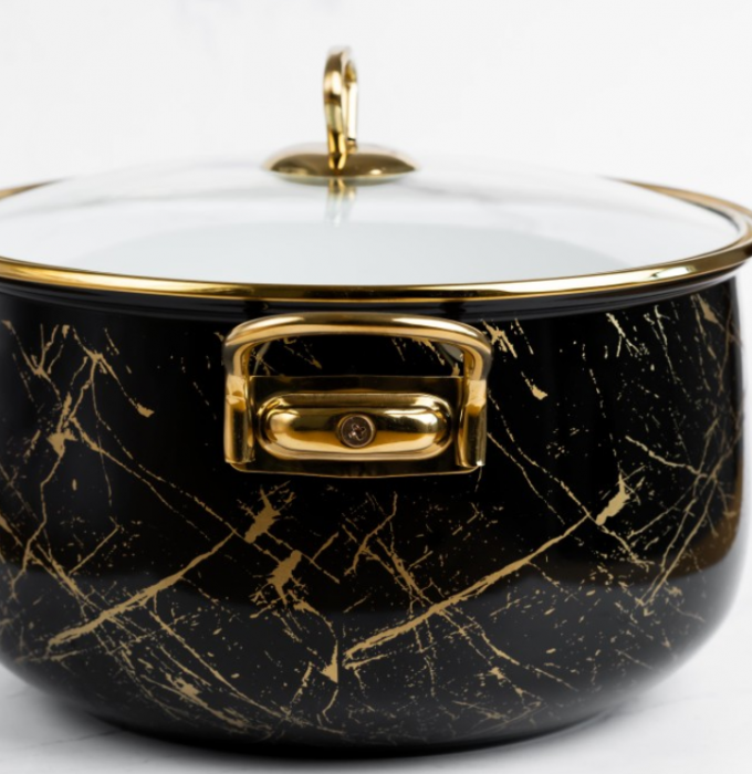 Cratita emailata, 22x14cm, 5 litri, manere titan aurii, capac sticla, inclusiv inductie, Goldmann, neagra [11]