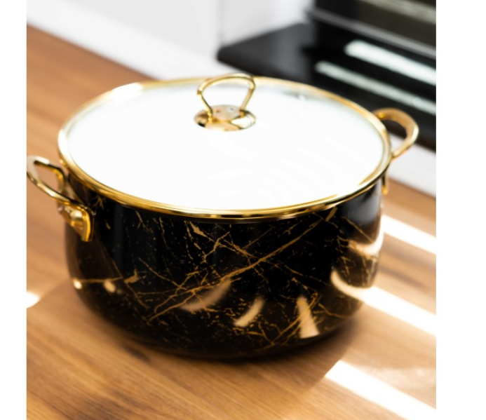 Cratita emailata, 20x13cm, 4 litri, manere titan aurii, capac sticla, inclusiv inductie, Goldmann, neagra [18]