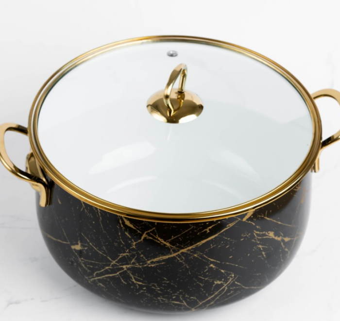 Cratita emailata, 24x15cm, 6.2 litri, manere titan aurii, capac sticla, inclusiv inductie, Goldmann, neagra [3]