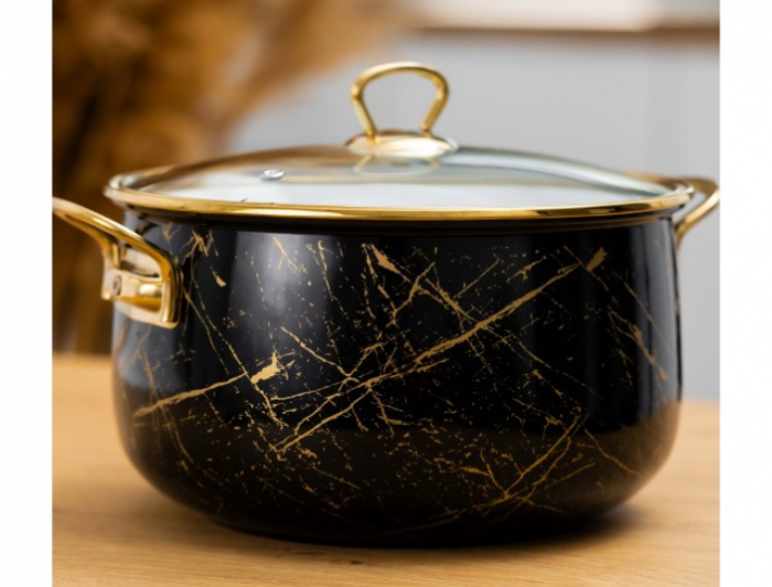 Cratita emailata, 22x14cm, 5 litri, manere titan aurii, capac sticla, inclusiv inductie, Goldmann, neagra [8]
