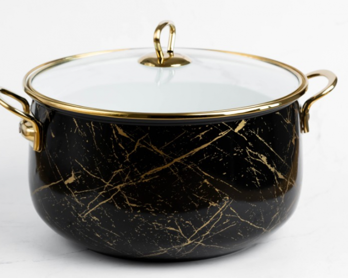 Cratita emailata, 24x15cm, 6.2 litri, manere titan aurii, capac sticla, inclusiv inductie, Goldmann, neagra [9]
