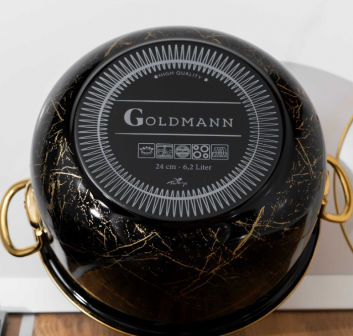 Cratita emailata, 20x13cm, 4 litri, manere titan aurii, capac sticla, inclusiv inductie, Goldmann, neagra [15]