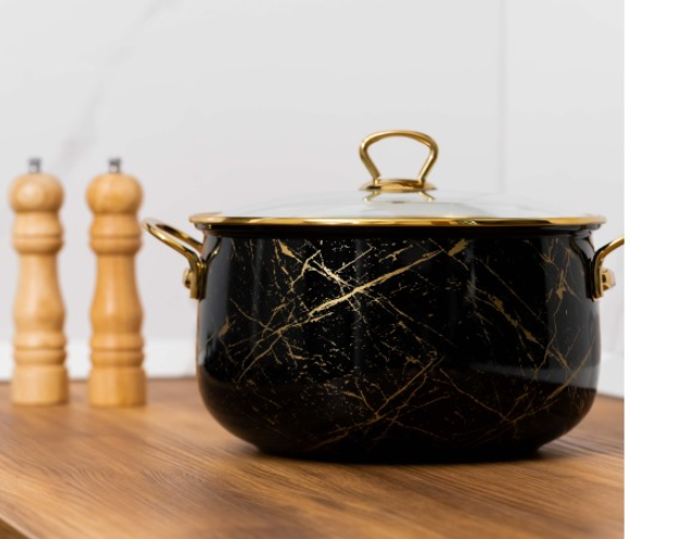 Cratita emailata, 20x13cm, 4 litri, manere titan aurii, capac sticla, inclusiv inductie, Goldmann, neagra [17]