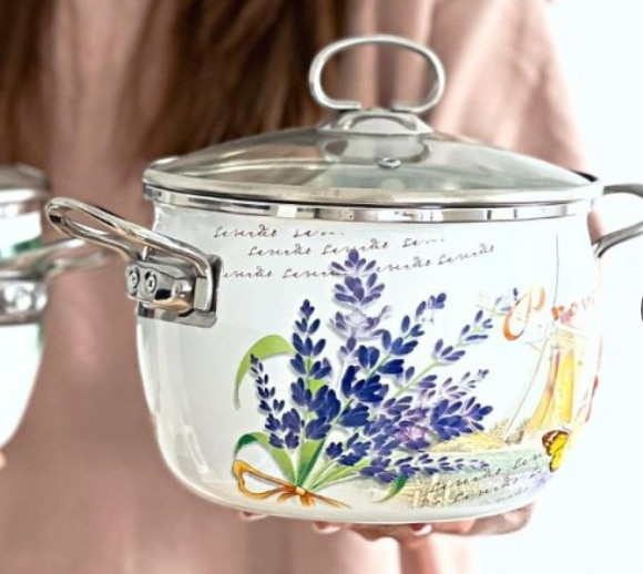 Cratita emailata 2.4L, 18cm, capac din sticla yena Bohmann, model lavanda [4]