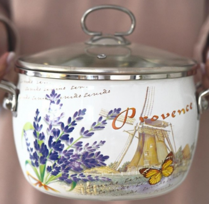Cratita emailata 2.4L, 18cm, capac din sticla yena Bohmann, model lavanda [3]