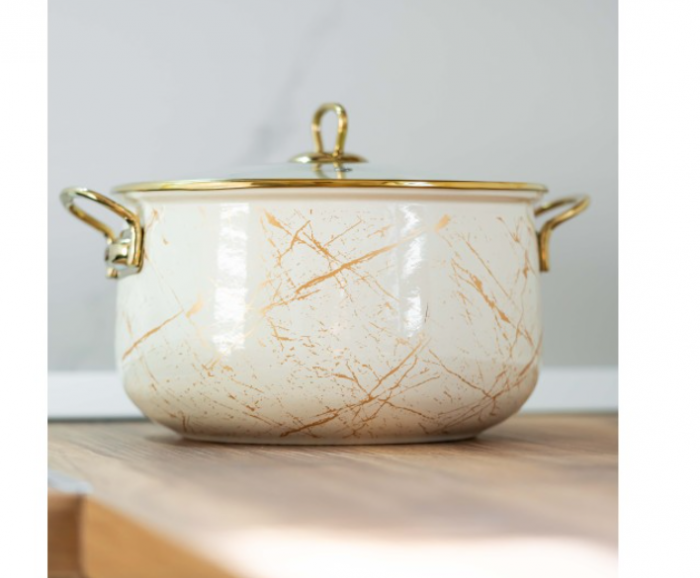 Cratita emailata, 24x15cm, 6.2 litri, manere titan aurii, capac sticla, inclusiv inductie, Goldmann, bej [6]