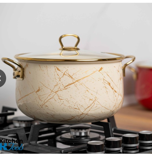 Cratita emailata, 24x15cm, 6.2 litri, manere titan aurii, capac sticla, inclusiv inductie, Goldmann, bej [8]