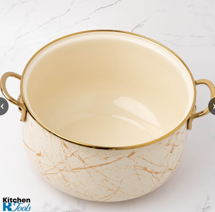 Cratita emailata, 24x15cm, 6.2 litri, manere titan aurii, capac sticla, inclusiv inductie, Goldmann, bej [2]