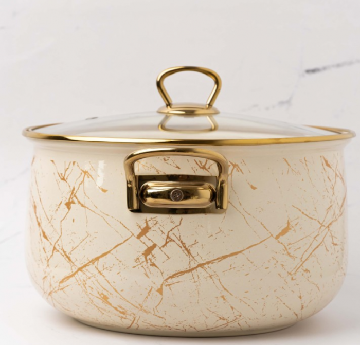 Cratita emailata, 26x16cm, 8.5 litri, manere titan aurii, capac sticla, inclusiv inductie, Goldmann, bej [4]