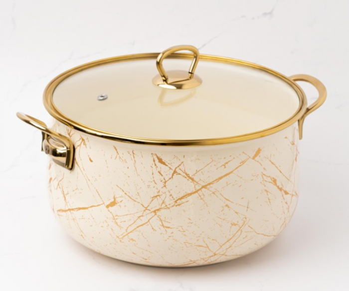 Cratita emailata, 26x16cm, 8.5 litri, manere titan aurii, capac sticla, inclusiv inductie, Goldmann, bej [9]