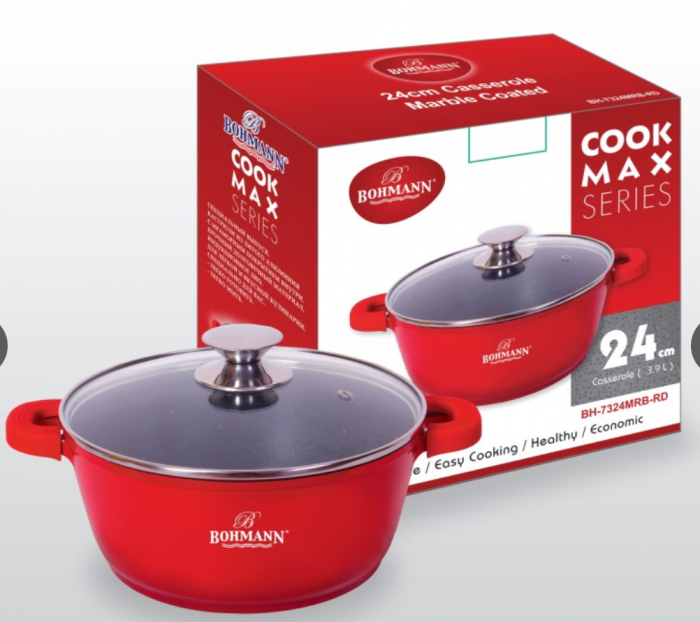 Cratita marmorata rosie 3.9L, 24cm, cu capac, inclusiv inductie, Bohmann [2]