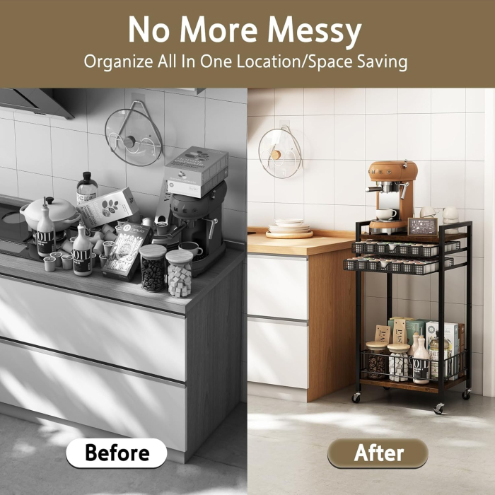 Suport capsule cafea Emfogoo, cu sertar pentru 84 capsule, masuta cafea cu roti, organizator bar acasa sau birou, culoare rustic brown [4]