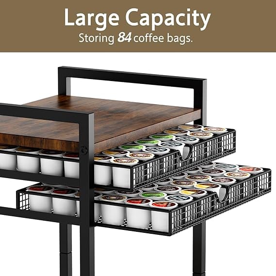 Suport capsule cafea Emfogoo, cu sertar pentru 84 capsule, masuta cafea cu roti, organizator bar acasa sau birou, culoare rustic brown [3]