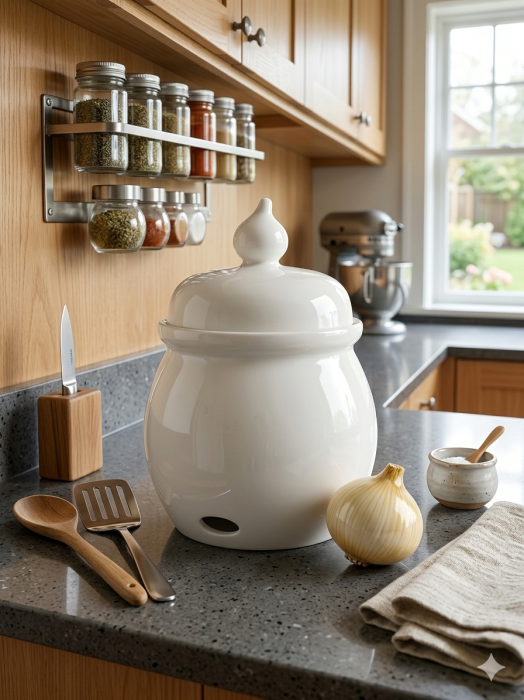 Recipient depozitare ceapa, 25 cm inaltime, 16 cm diametru, capac, aerisire, depozitare legume, bucatarie [3]