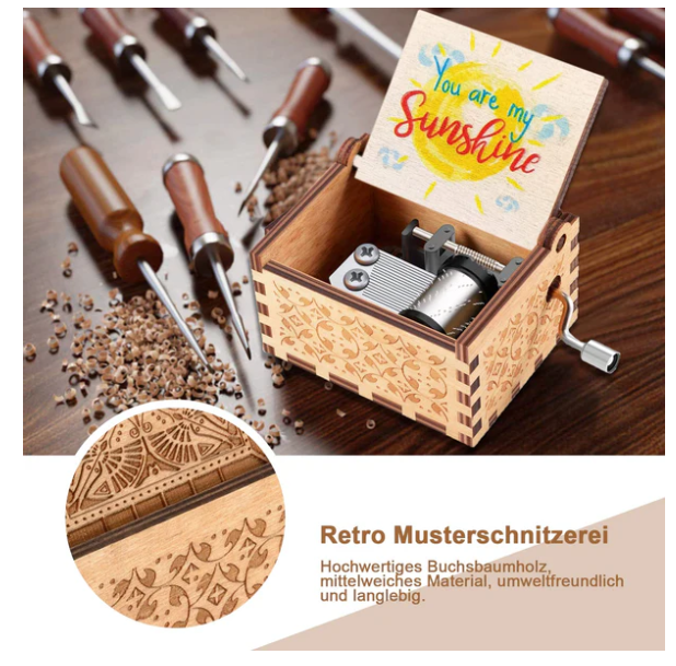 Cutie muzicală vintage din lemn cu manivelă, PeaMirmy, pentru soție, fiică, gravată cu laser sun [5]