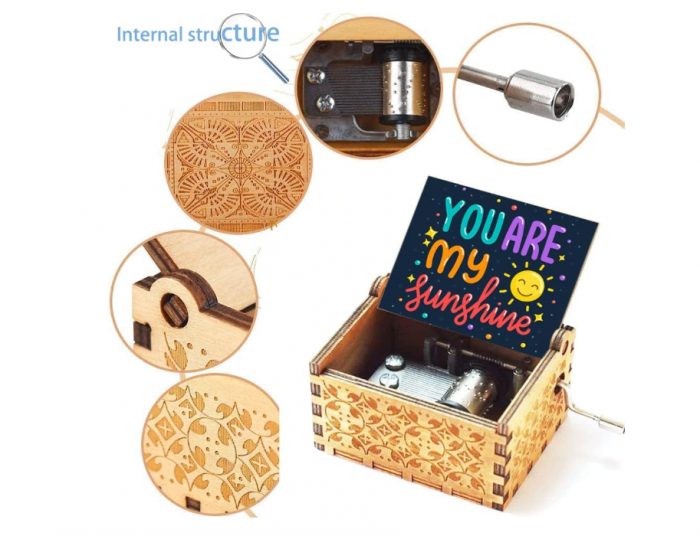 Cutie muzicală vintage din lemn cu manivelă, PeaMirmy, pentru soție, fiică, gravată cu laser black [3]