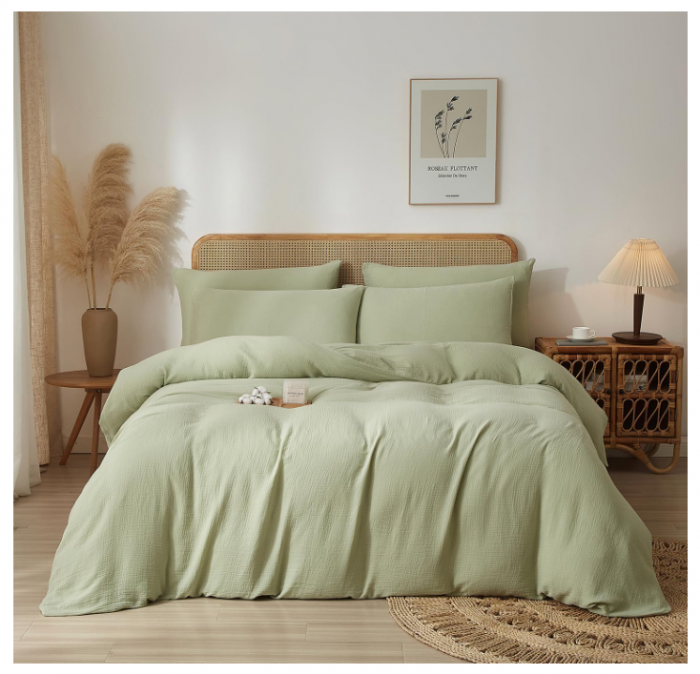 Set husă pilotă muselină bumbac 240 × 220 cm + 2 fețe pernă 65 × 65 cm – culoare verde, moale, respirabil, cu fermoar [2]