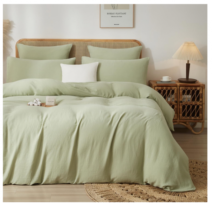 Set husă pilotă muselină bumbac 240 × 220 cm + 2 fețe pernă 65 × 65 cm – culoare verde, moale, respirabil, cu fermoar [4]