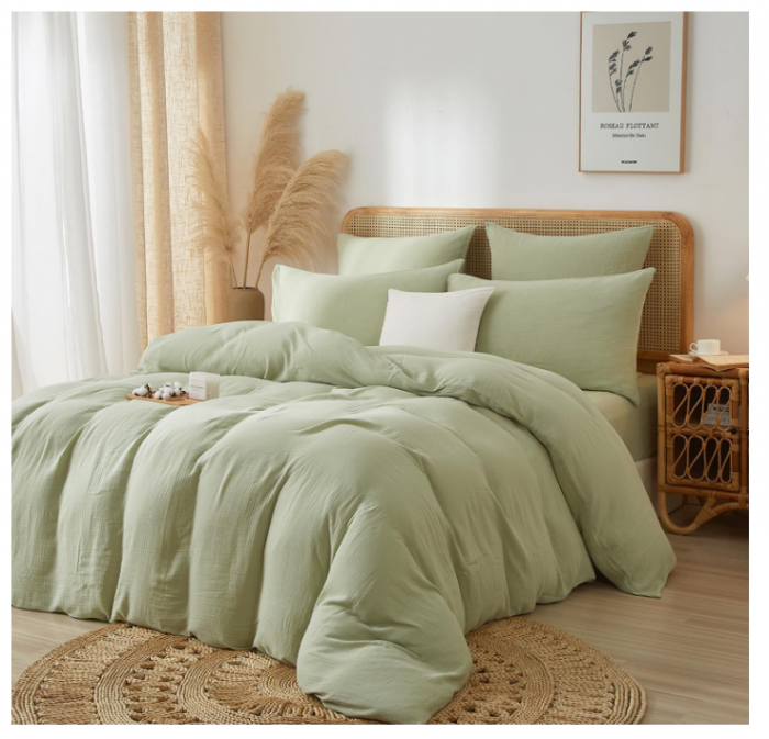 Set husă pilotă muselină bumbac 240 × 220 cm + 2 fețe pernă 65 × 65 cm – culoare verde, moale, respirabil, cu fermoar [3]