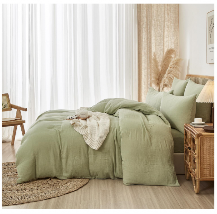 Set husă pilotă muselină bumbac 240 × 220 cm + 2 fețe pernă 65 × 65 cm – culoare verde, moale, respirabil, cu fermoar [5]