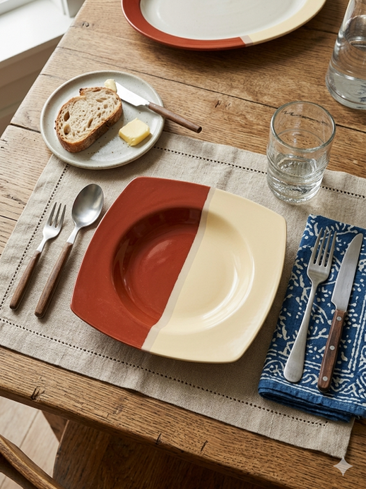 Farfurie adanca patrata 21 cm, ceramica, design bicolor caramiziu/crem, rezistenta, usor de curatat [2]