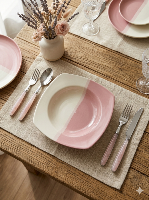 Farfurie adanca patrata 21 cm, ceramica, design bicolor roz/crem, rezistenta, usor de curatat [3]