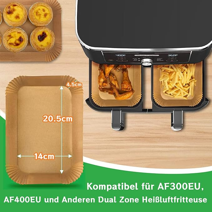 Hartie de copt pentru friteuza cu aer, set 160 bucati, 20.5 x 14 cm, dreptunghiulara, compatibila Ninja Dual si alte friteuze dual zone [2]