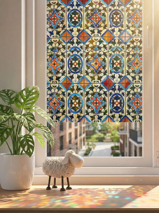 Folie decorativa pentru geam, model vitraliu floral geometric, 60 x 90 cm, folie pentru intimitate si decorare ferestre [2]