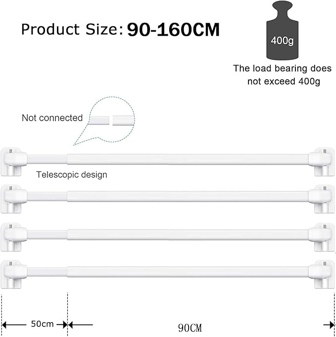 Set 6 tije extensibile BANJILI 90–160 cm, reglabile, plastic, cu fixare adeziva, pentru perdele si dulapuri [4]