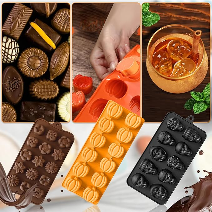 Set 3 forme de ciocolata din silicon, schelet si dovleac, cu 2 pipete, antiaderente, pentru Halloween, Paste si dulciuri [4]