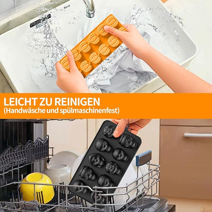 Set 3 forme de ciocolata din silicon, schelet si dovleac, cu 2 pipete, antiaderente, pentru Halloween, Paste si dulciuri [6]