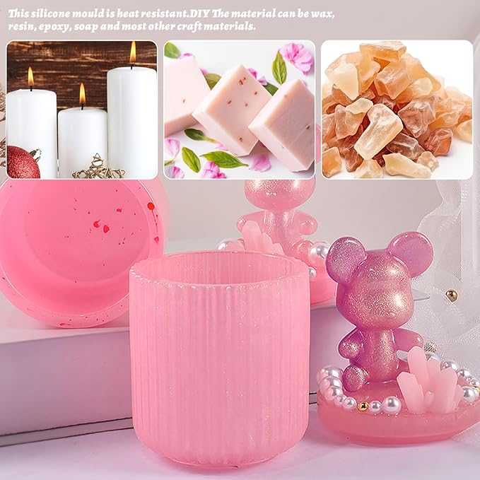 Set 3 Matrițe din Silicon pentru Rășină – Cutii de Depozitare cu Capac, Suporturi pentru Lumânări, Ghivece, Borcane Decorative [4]
