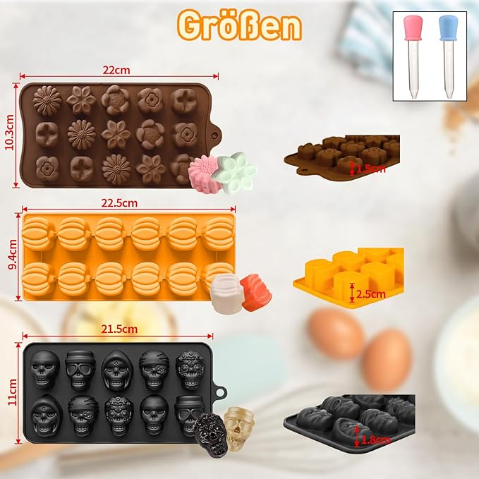 Set 3 forme de ciocolata din silicon, schelet si dovleac, cu 2 pipete, antiaderente, pentru Halloween, Paste si dulciuri [5]