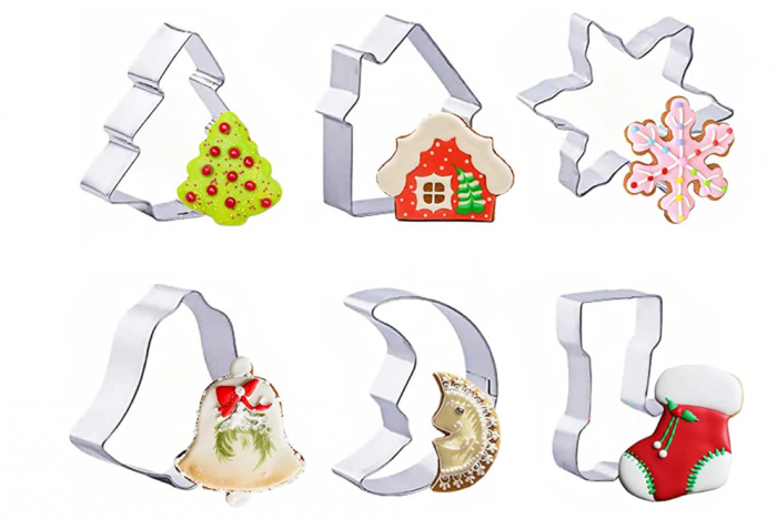 Set 6 forme din inox alimentar (brad, fulg, ciorap, clopotel, casei de turta, luna), decupatoare