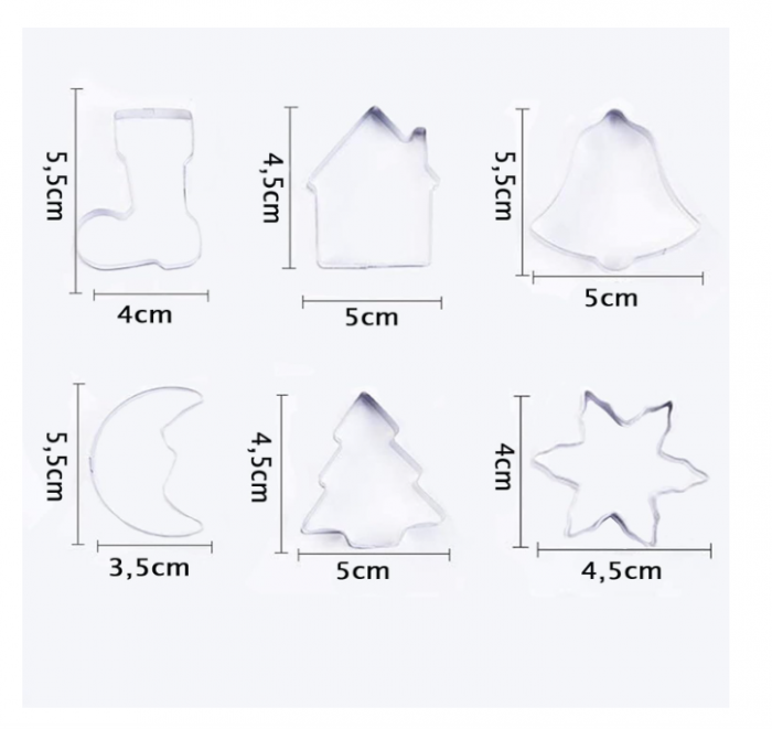 Set 6 forme din inox alimentar (brad, fulg, ciorap, clopoțel, casei de turtă, lună), decupatoare [2]
