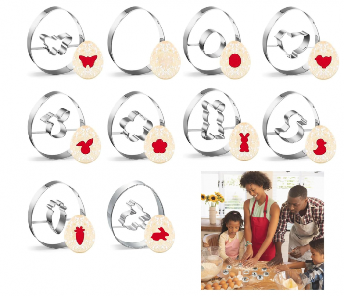 Set 10 forme biscuiti ,   inox alimentar, motive Paste (iepure, ou, randunica, morcov etc.) 6,8,  cm