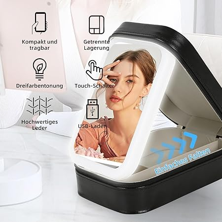 Ggeanta cosmetice cu oglinda iluminata, organizator portabil machiaj cu lumina LED 3 culori si divizoare, negru [4]