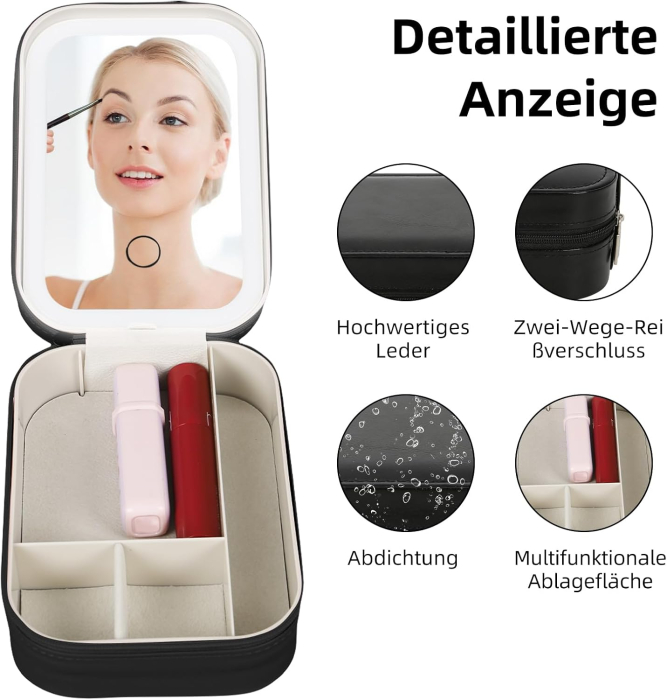 Ggeanta cosmetice cu oglinda iluminata, organizator portabil machiaj cu lumina LED 3 culori si divizoare, negru [3]