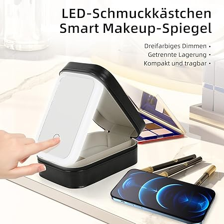 Ggeanta cosmetice cu oglinda iluminata, organizator portabil machiaj cu lumina LED 3 culori si divizoare, negru [7]