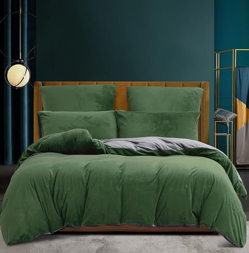 Set husa pilota pentru iarna plush microfibra 135 x 200 cm ,   doua fete, extra moale, calduroasa, cu fete de perna 80A 80 cm -, verde gri